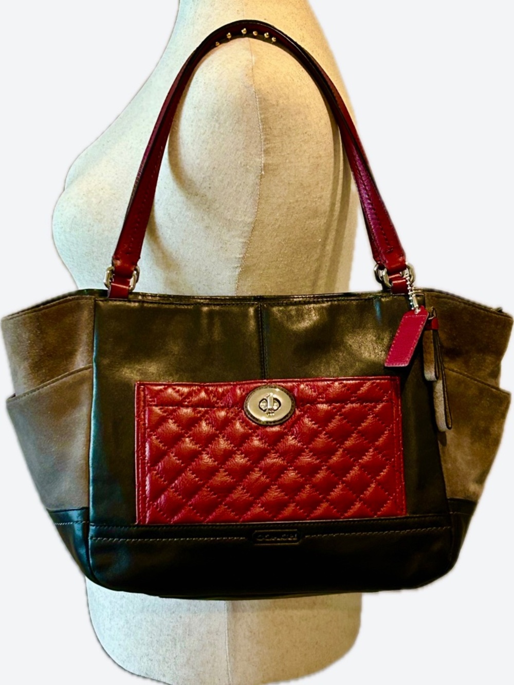 Coach Park Carrie Tote - Leather and Suede Colorblock - Red/Black/Gray - EUC